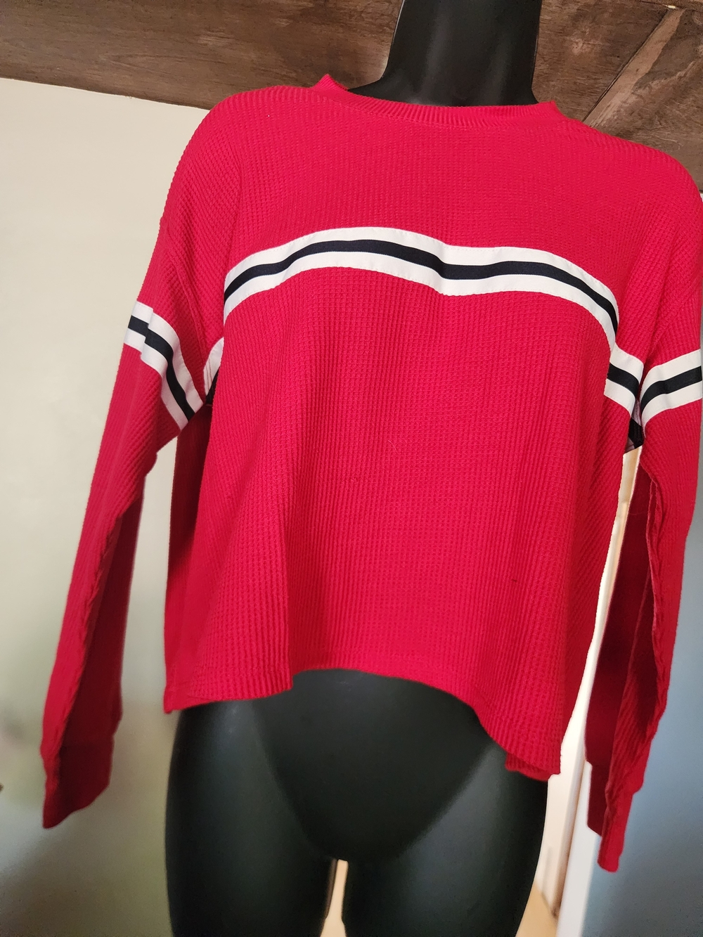 Hollister Red Long Sleeve Waffle Knit Top with Black & White Stripes